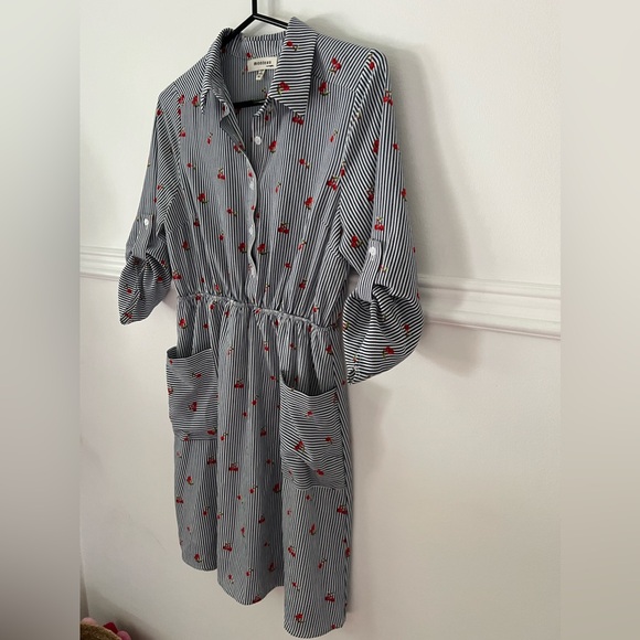 Monteau Dress Cherries Striped navy white m medium pockets buttons summer - Picture 13 of 13
